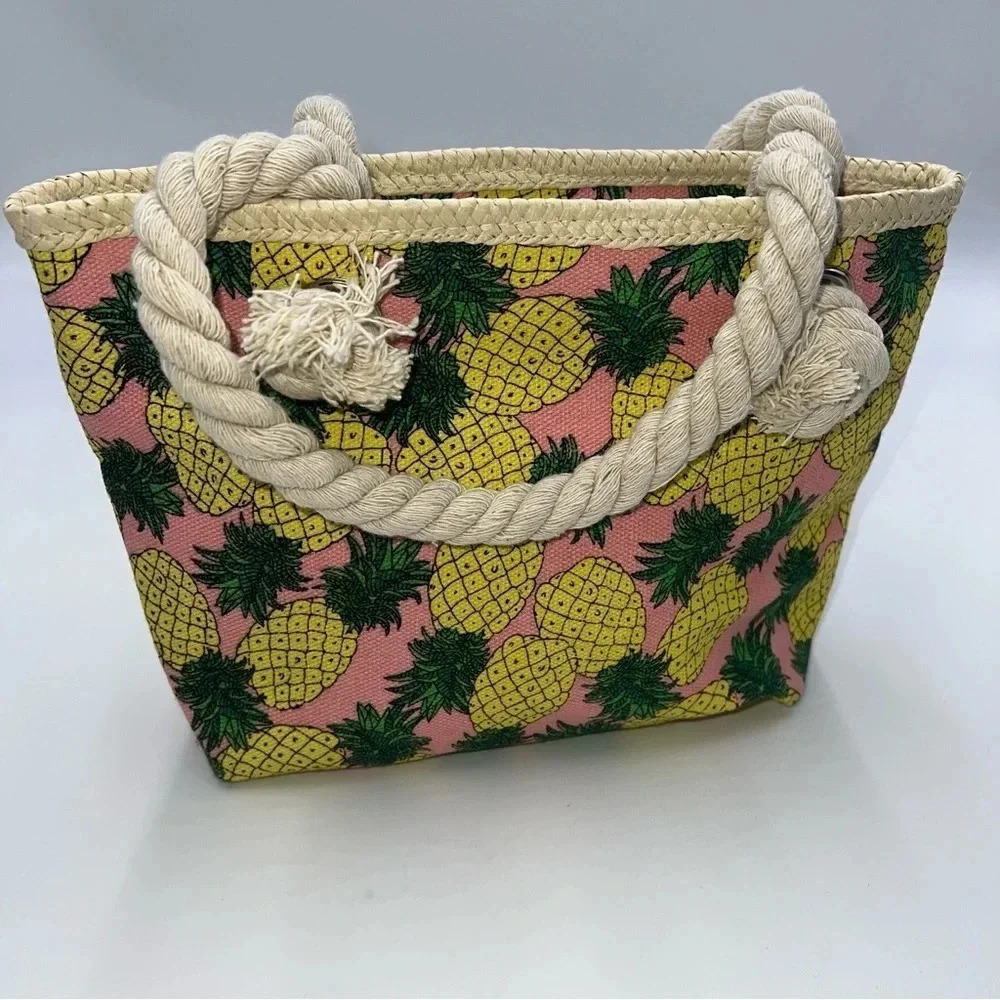 Girls‎ PINEAPPLE Mini Tote Bag Zip Closure Rope Handles Canvas Lined Beach NEW!